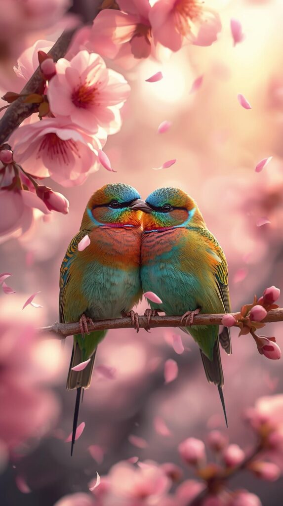 Stunning Collection of Wallpapers – HD, 4K, and Aesthetic Backgrounds 28 A pair of colorful lovebirds cuddling closely on a blooming sakura branch soft pink petals gently falling around them romantic aesthetic warm sunlight ultra HD realistic nature wallpaper