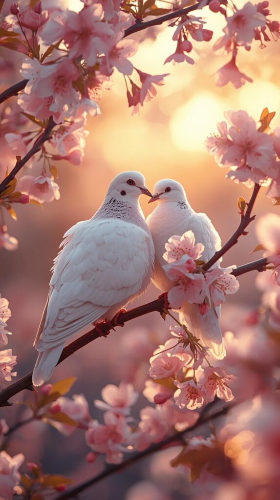 Stunning Collection of Wallpapers – HD, 4K, and Aesthetic Backgrounds 27 Two white doves resting on a cherry blossom tree soft golden sunset rays shining through the branches warm cinematic lighting ultra realistic details peaceful nature wallpaper in 4K