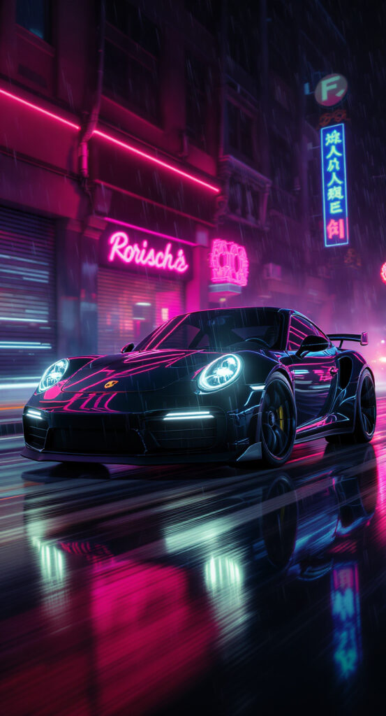 Cars Wallpaper 4K | HD Supercar wallpaper 5 a black sports car on a wet street with neon signs